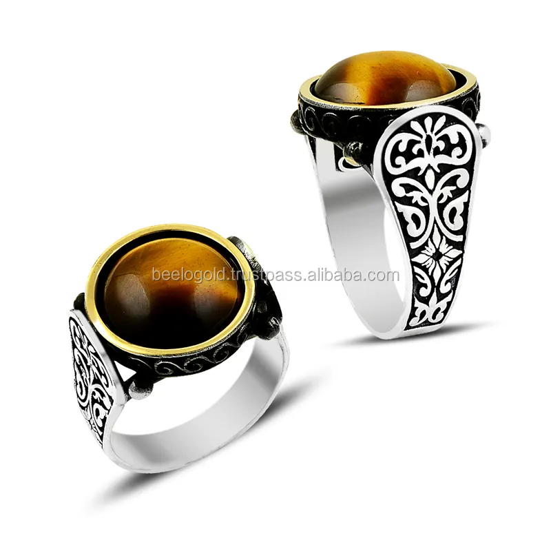 925K Sterling Silver Tiger Eye Mannen Ring