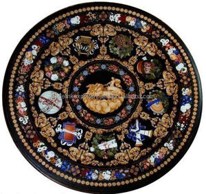 Table à Manger Ronde En Marbre Noir Incrustations Mosaïque - Fabriquée à La Main (Inde)