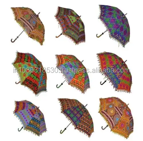 Sun Parasol Vintage Decor Umbrella Women's Cotton Embroidered Umbrellas Maroon Ethnic Sun Protector Parasol Indian Embroidered