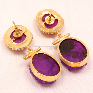 ต่างหูชุบทอง 22 กะรัต ประดับด้วยพลอยอาเกตทรงลูกแพร์แบบดรูซี่ สวยงาม พร้อมคริสตัล/เพชรเทียม - Product Image 3