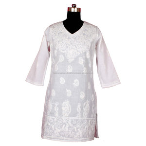 DRL025 pollo bordado largo Kurta algodón indio túnica Floral Top vacaciones vestido tamaño S, M, L, XL, XXL ropa de fiesta occidental - Product Image 1