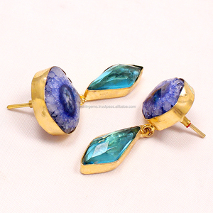 Boucles d'oreilles pendantes classiques en agate bleue non façonnée plaquées or vintage, accessoire de mode élégant pour femmes, bijoux d'anniversaire - Product Image 2