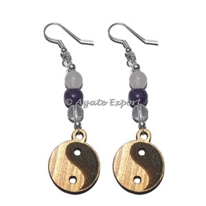 Boucles d'oreilles en agate yin et yang, pierres précieuses, plaquées or/argent, unisexes - Product Image 1