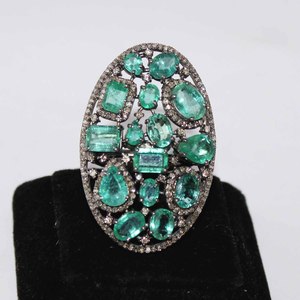 Compra al por mayor de piedras preciosas de esmeralda de múltiples formas naturales y anillo de diamantes en plata de ley sólida 925, joyería hecha a mano para mujer - Product Image 2
