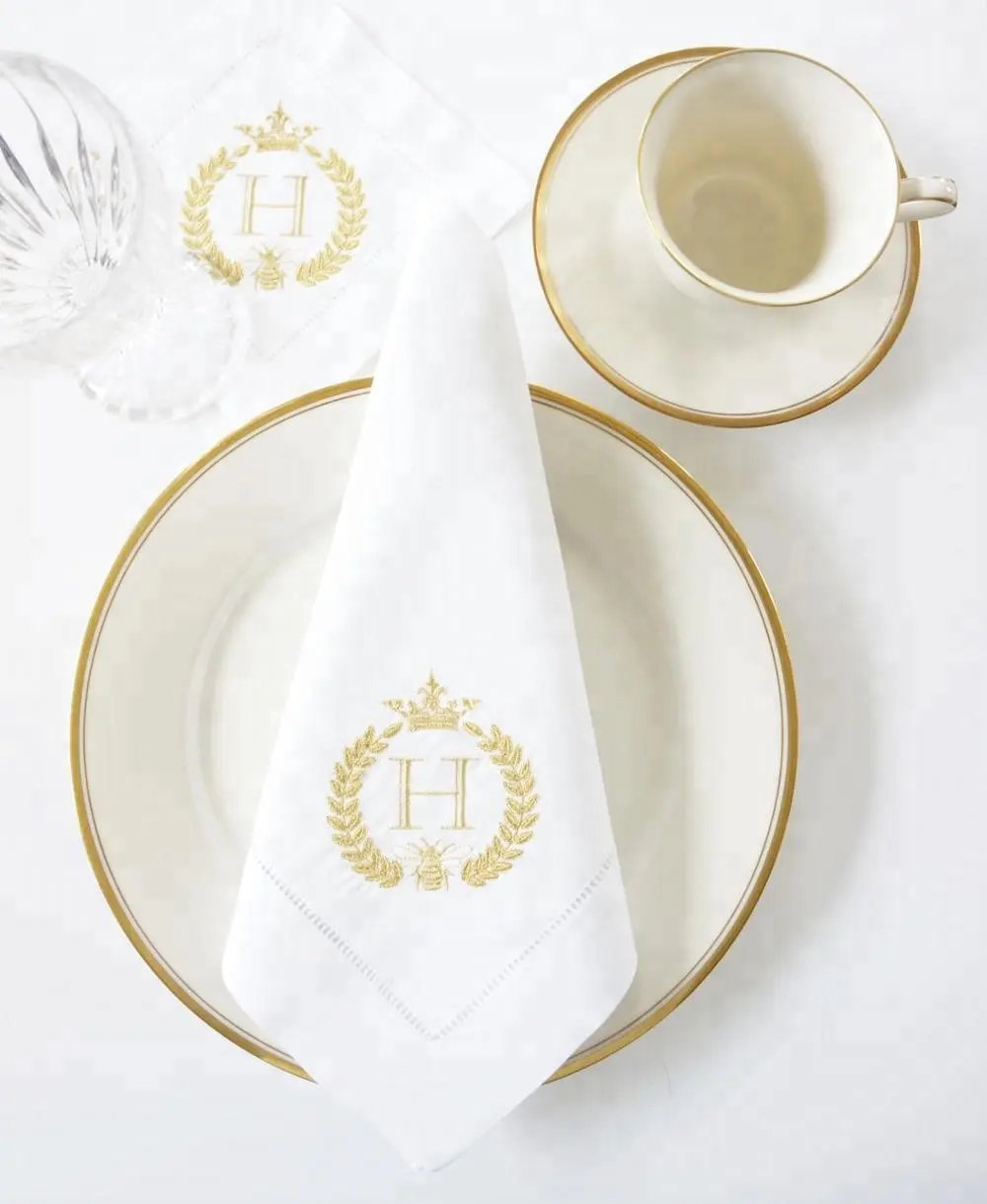 100% Linen Napkins, Silver thread napkin with embroidery and monogram service