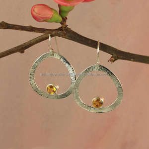 925 <b>Sterling</b> <b>Silver</b> Citrine Gemstone Rhodium Plated Trendy Wedding & Party Drop <b>Earrings</b> - Product Image 1