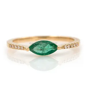 Marquesa-anillo de compromiso apilable de oro amarillo de 14K, piedra preciosa de corte esmeralda, pavé de diamante, joyería al por mayor - Product Image 1