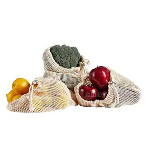 Reusable organic cotton mesh produce bag with drawstring for grocery shopping fruit vegetable