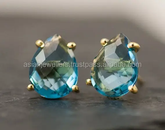 925 Sterling Silber Blue Topaz Quarz Edelstein Gold Vermeil Schöne hand gefertigte Ohrringe