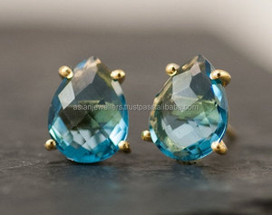Pendientes de plata de ley 925 con piedra preciosa de cuarzo y Topacio Azul, bisutería hecha a mano - Product Image 1