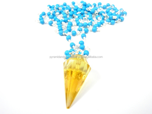 24 Inch Long 3-4mm Turquoise Bead Chain <b>Necklace</b> With <b>Citrine</b> Quartz Pendulum <b>Necklace</b> - Gemstone Pendulum <b>Necklace</b> - Product Image 4
