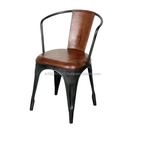 Industrial <b>Vintage</b> Metal & Leather Cafe Restaurant <b>Chair</b>, Modern Iron & Leather Cafe Dining <b>Chair</b> - Product Image 1