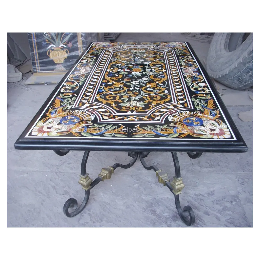 Bàn Ăn Nghệ Thuật Pietra Dura Bằng Đá Cẩm Thạch Đen Cổ Với Đế