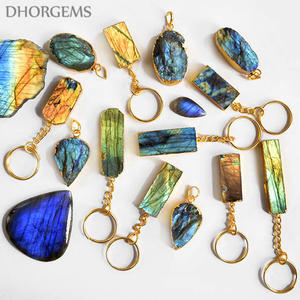 Porte-clés en pierre de guérison de cristal naturel Labradorite, mignon, plaqué argent, unisexe, pierre précieuse - Product Image 1