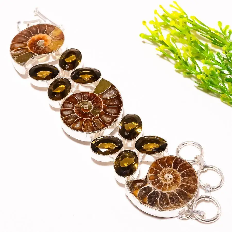 Ammonit Fossil, Rauchquarz Edelstein Modeschmuck Armband
