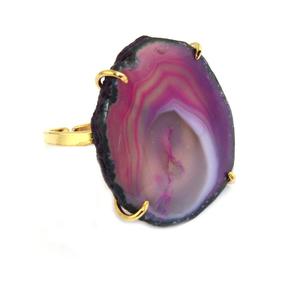 Agate rose naturelle de bonne qualité tranche bague réglable en laiton plaqué or bague ouverte joli cadeau pour femme - Product Image 1