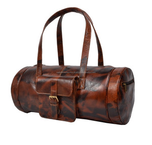 Wholesale Cheap Price Pure Brown Colored Genuine Leather Fashionable <b>Men's</b> Stylish Duffle <b>Bags</b> Cylindrical Shape With Two Handle - Product Image 3