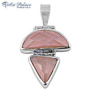 Diseño único de moda, hecha a mano de cuarzo rosa piedra preciosa, medio círculo y corte triangular, colgante de medallón de plata maciza 925 - Product Image 3
