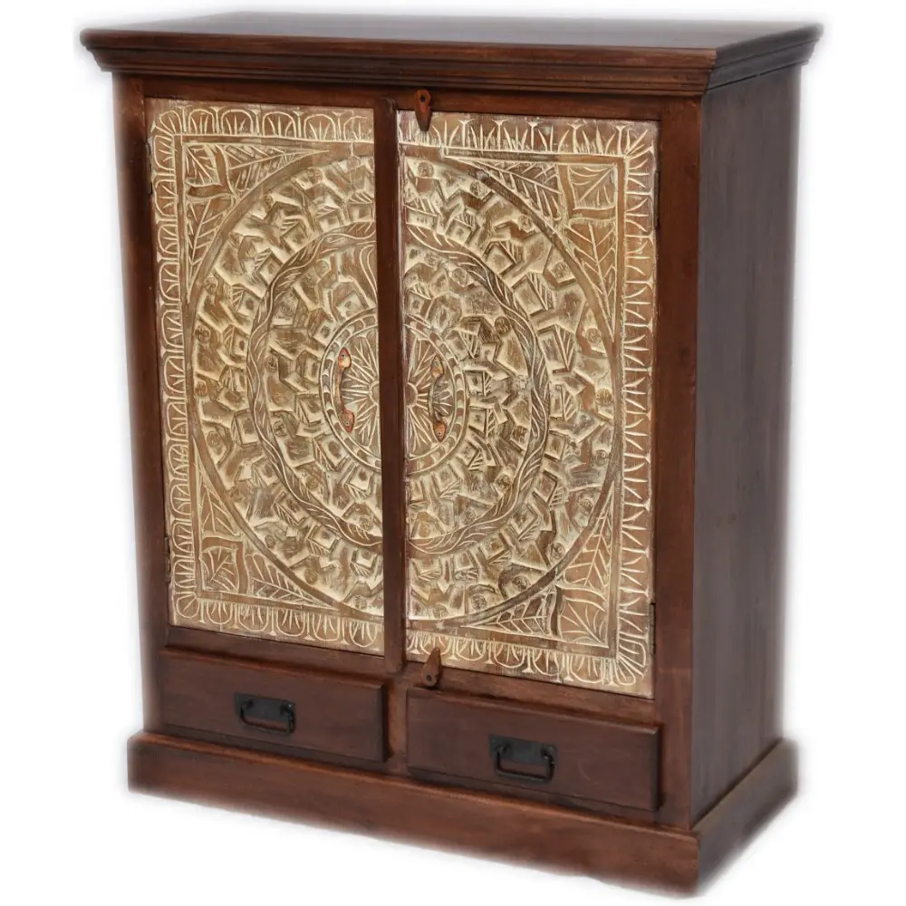 TRIBAL CARVED 2 DRAWER SMALL ALMIRAH IN DISTRESS FINISH