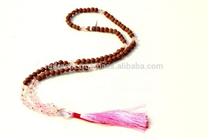 Collar Largo de Cuentas Mala de 108 Cuentas, Cuarzo Rosa Rudraksha de 8mm, Facetado, con Borla Anudada, Joyería Artesanal de Piedras Preciosas, Tercer Grado - Product Image 4