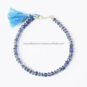 Iolite beads bracelet and light blue color cotton tassel with sterling silver lobster clasp closer