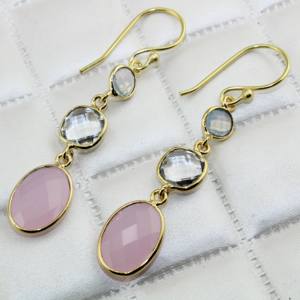 Hợp Thời Trang Bán Rõ Ràng Thạch Anh & Hồng Chalcedony Bezel Bông Tai Đồng Mạ Vàng Bông Tai Ba Đá Drop Dangle Handmade Bông Tai - Product Image 5