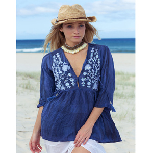 Blusa Bohemia para mujer, 100% de algodón, cómoda, fresca, para verano, bordado atrevido, adorno de encaje, Top barato Natural, venta al por mayor - Product Image 1