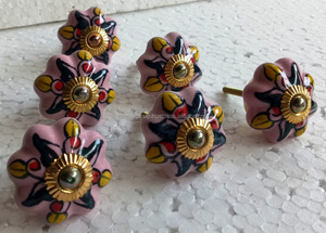 High quality hand painted <b>pink</b> red and yellow pumpkin shape brass fitting fancy ceramic door <b>knob</b> - Product Image 3