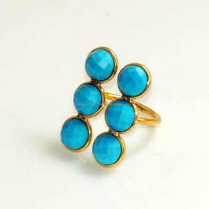 Bague en argent sterling plaqué or massif avec turquoise bleue, 6 pierres, faite à la main, bijoux fins, réglable, naturelle, pour mariage et fête - Product Image 1