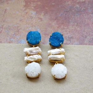 Handmade Blue White Druzy Agate Pearl <b>Stud</b> <b>Earrings</b> Natural Gemstone Dangle Design Brass Alloy Material Weddings Parties Gifts - Product Image 1