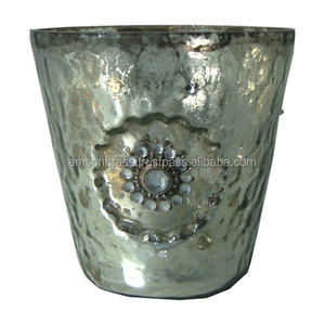 Portavelas de metal de la más alta calidad hecho a mano decorativo de metal en forma de vidrio con bandeja portavelas votivo - Product Image 6