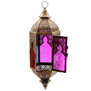 Lentera gantung logam dari India, lentera lilin gantung Maroko, dekorasi rumah besi dan warna pemasok lentera meja penuh