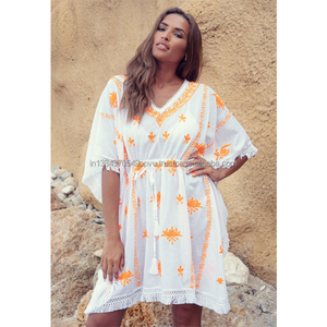 Hot Sale 2019 Collection Embroidered Fringe Hem <b>Beach</b> Kaftan Dress Wholesale Apparel <b>Women</b> Elegant Sexy Bikini <b>Cover</b> <b>Up</b> Tunic - Product Image 1
