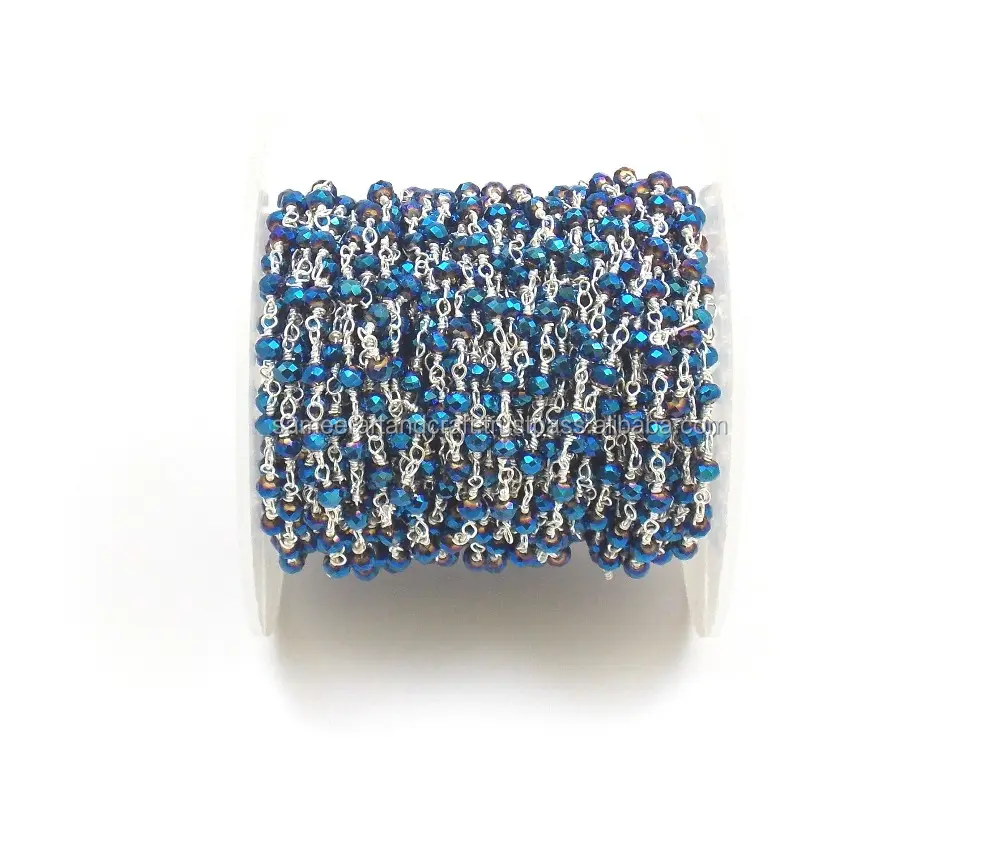 Посеребренная цепочка из бисера с голубым Пиритом ручной работы