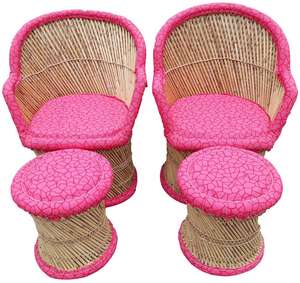 2024 Design moderne bambou rotin osier ensemble de bistro en gros pas cher fauteuil en cuir rose et repose-pieds pouf 2 + 2 - Product Image 2