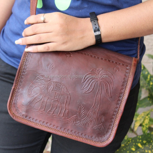 Bolso de hombro tipo mensajero con estampado de elefante marrón oscuro hecho a mano Vintage de cuero de cabra Real Natural - Product Image 1