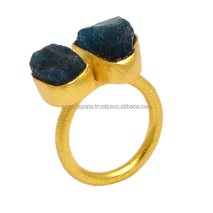 Raw Appetite Gemstone Plata de Ley 925 con anillo chapado en oro Anillo clásico de dos piedras Ajuste de bisel Anillo de moda para mujer. - Product Image 2