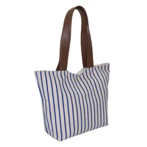 Bolso de mano con asa de cuero, tafetán interior, imán, cierre de botones, lona Natural, estampado a rayas, 12 Oz