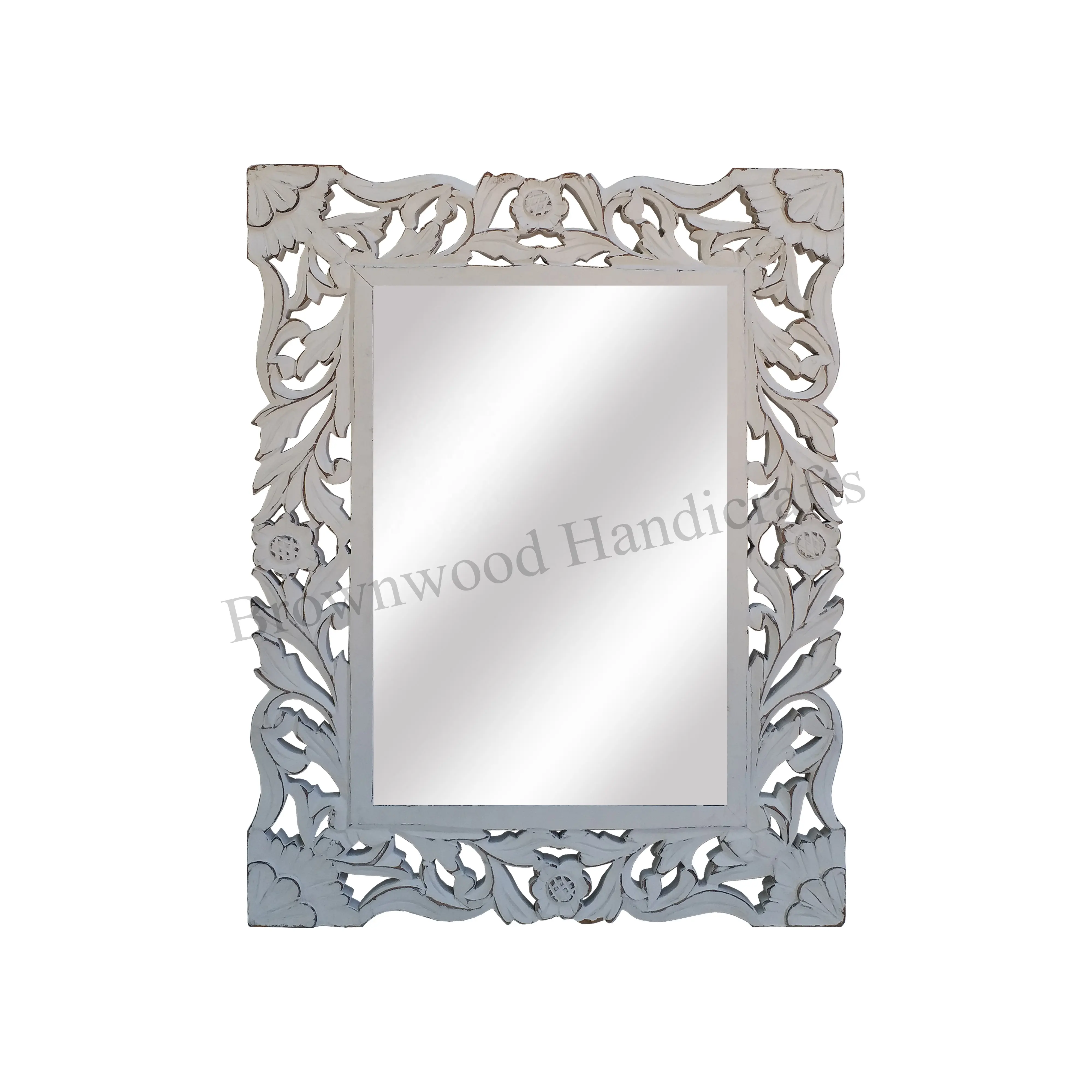 Marco de espejo de madera MDF rectangular de diseño antiguo de tendencia superior para decoración de pared marcos de espejo de tocador de madera tallada Floral