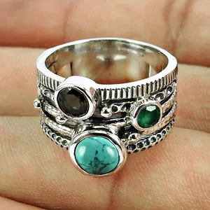 Drie Stenen Ring 925 Sterling Zilveren Edelsteen Sieraden Handgemaakte Ring Groothandel Leveranciers Sieraden