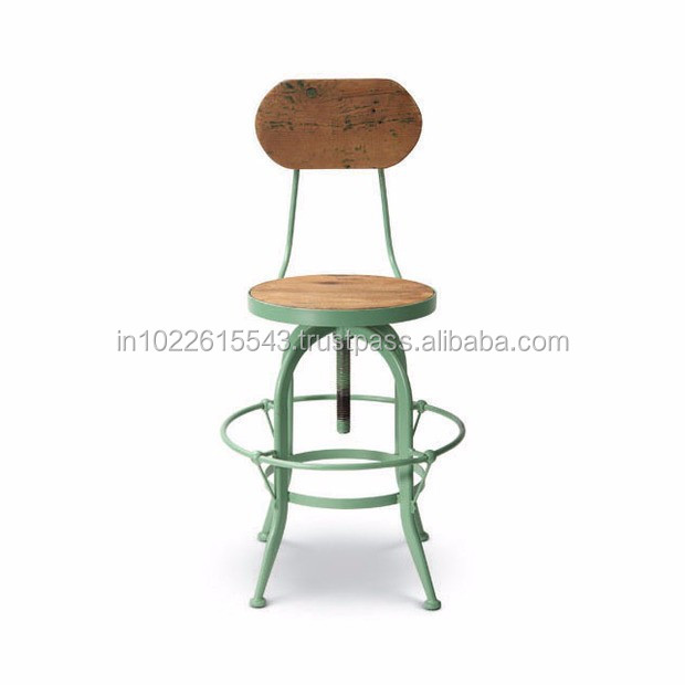 Industrial Mango Wood & Iron Adjustable Bar Chairl , Antique Metal & wood Bar Chair