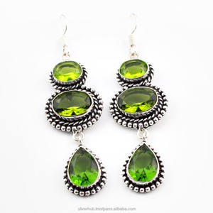 Handmade Sterling <b>Silver</b> Dangle <b>Earrings</b> with Natural Green Peridot Gemstone Hippie Style <b>Drop</b> <b>Earrings</b> - Product Image 1