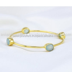 Aqua Chalcedony กำไลหินอัญมณีเงินแท้925สีทอง Vermeil - Product Image 1