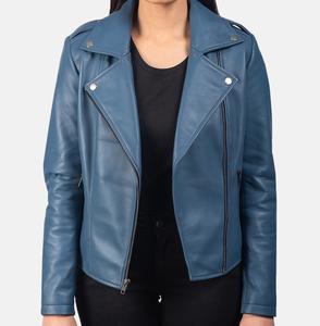 Flashback veste de motard en cuir bleu élégant vêtements d'extérieur de mode pour femmes doux en peau d'agneau véritable durable et confortable - Product Image 5