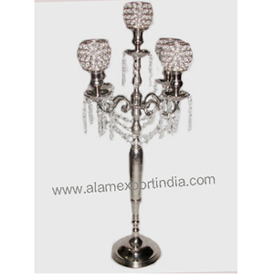 Hot Selling Vintage New Arrival Metal Aluminum 5 Arm <b>Crystal</b> <b>Ball</b> Candelabra With hang <b>Crystal</b> Beads Gold Finished Wedding Deco - Product Image 2