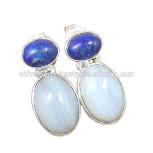 Pendientes de tuerca de Plata de Ley 925 Eminent, ágata de encaje azul Natural, ajuste de bisel de piedras preciosas múltiples, incrustaciones estampadas, corte esmeralda de lujo - Product Image 2