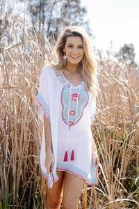 White Boho Floral Embroidered Breathable Chiffon <b>Kaftan</b> Dress with Tassel Details Loose Fit O-Neck <b>Summer</b> Mini Casual Wear - Product Image 2