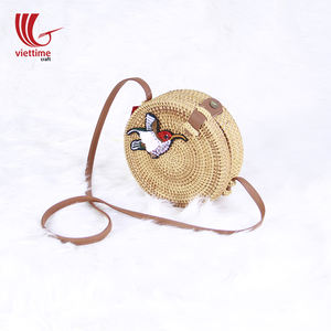 Bolso Redondo de Ratán Natural con Bordado de Pájaro Estilo Vintage Pequeño, Diseño Único de Alta Gama para Mujer, Bolso de Mano al por Mayor - Product Image 2