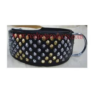 Handmade 100% Genuine Indian Leather Dog Collar with Mixed Brass/Silver Studs Available At Wholesale Price