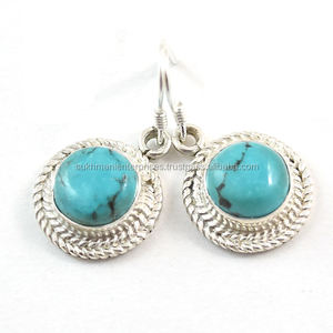Qualité d'exportation 925 boucles d'oreilles en argent sterling bleu tibétain turquoise goutte pendantes clous d'oreille gland design ethnique bijoux en gros - Product Image 1